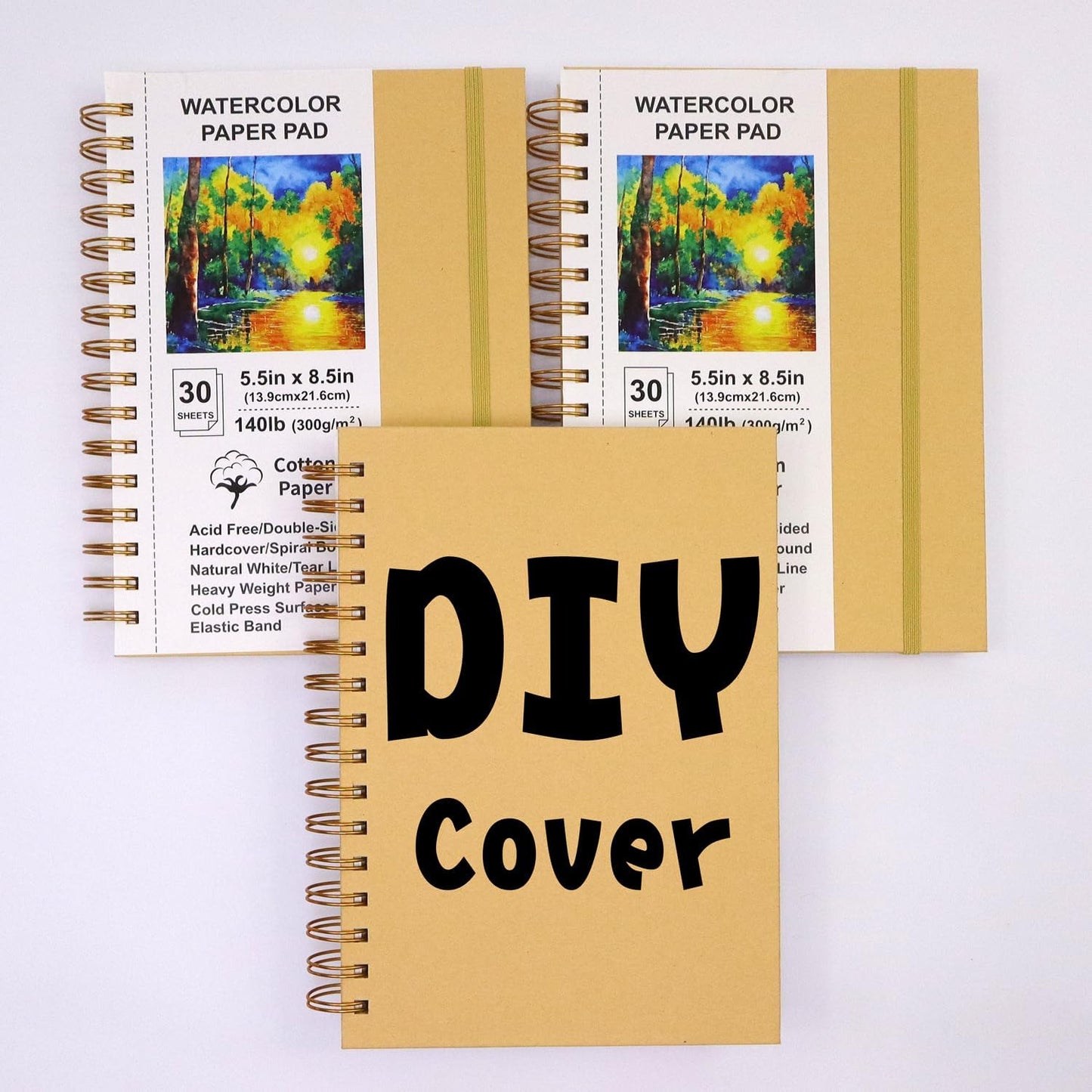 Watercolor Paper Pads, 5.5x8.5, 3Pack, Kraft Hardcover Sketch Books, 140lb/300gsm Heavyweight Cotton Paper, Spiral Bound, Cold Pressed, Dual-Sided(Smooth&Texture), Painting Paper for Artists Students