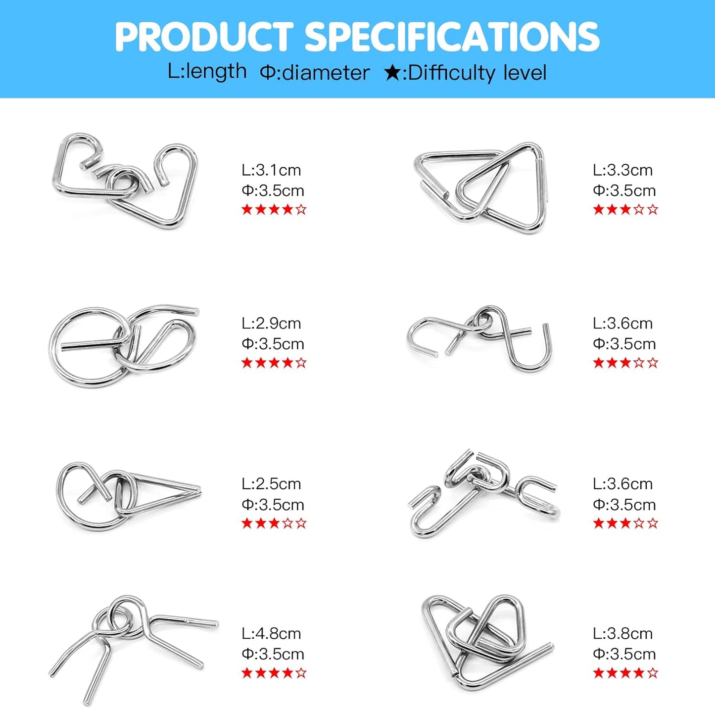 Metal Wire Puzzle 16-Piece Set with Pouch – IQ Test Brain Teaser Disentanglement Chinese Ring Fidget Toy for Kids & Adults – Portable Party Favor