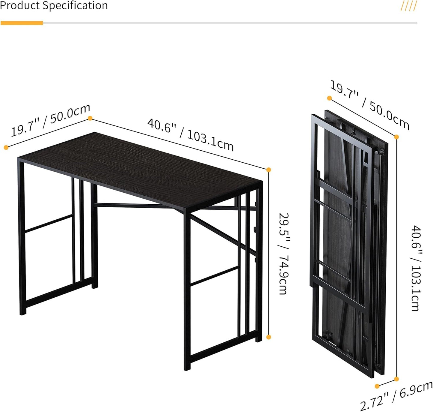 Folding Desk 40 inch Writing Gaming Computer Camping Desk, No Assembly Required Home Office Table, Black