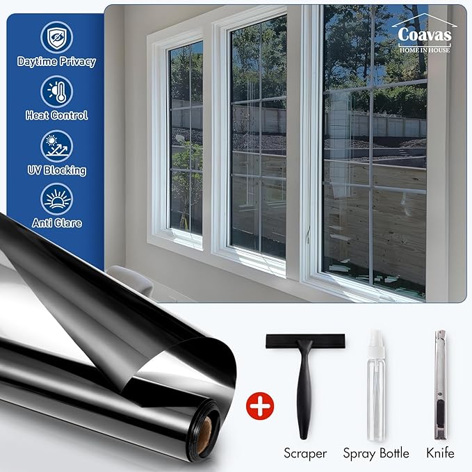 Coavas One Way Privacy Window Film,Daytime Window Tint for Home, Reflective Mirror Glass Window Film See Out Not in,Heat UV Blocking Anti-Glare Window Covers with 3 Tools, 23.6x197Inch, Black