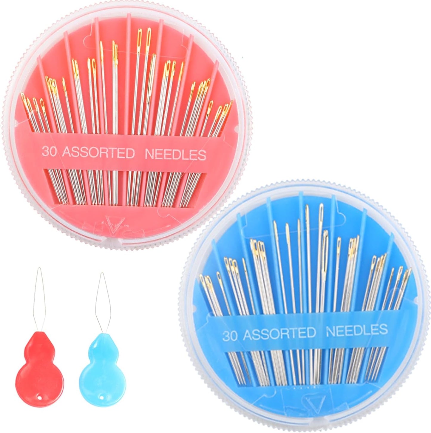 Eketirry 60pcs Premium Hand Sewing Needles, 2 Pack 30-Count Assorted Needles for Sewing Repair, 6 Different Sizes Sewing Needles with 2 Threaders (Pink& Blue,1)