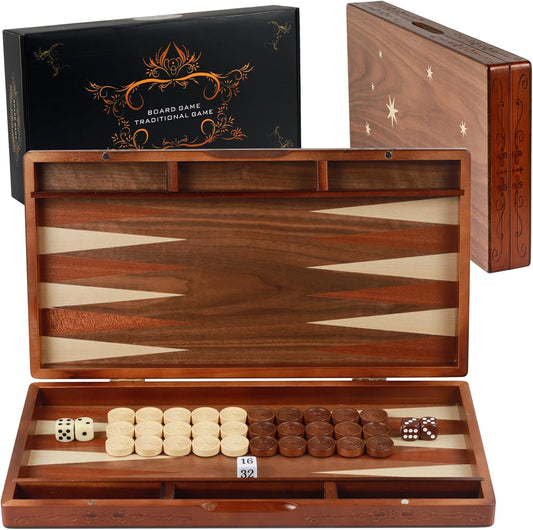 Handcrafted Wooden Backgammon Set, 16" Large Size, Classic Two-Player Strategy Board Premium Travel Game Board for Adults & Teenagers