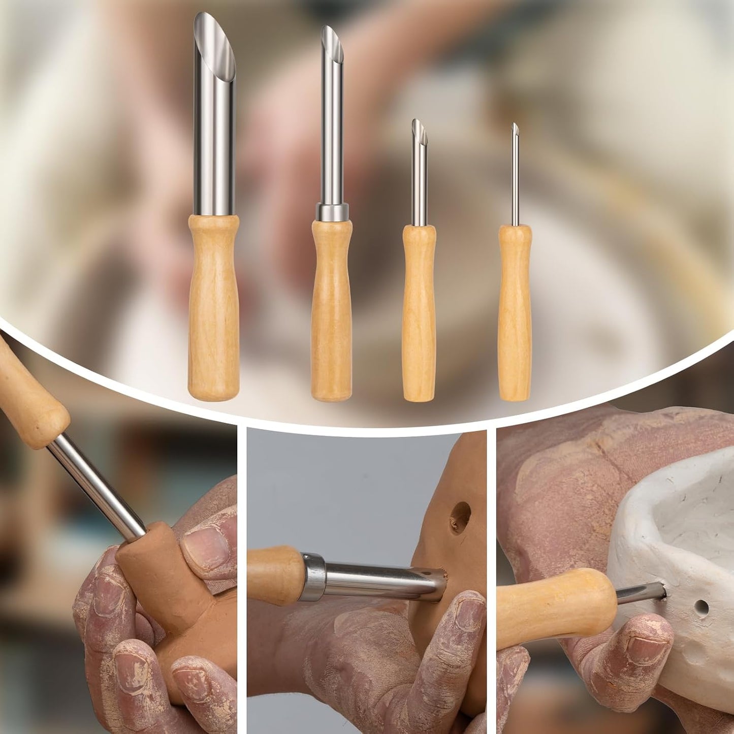 Amrules Clay Tools Kit, 4 PCS Circular Clay Hole Cutters Tools, Wooden Handle and Stainless Steel Sculpting Tools Kit Suitable for Drilling, Carving, Pottery Craft and DIY Projects