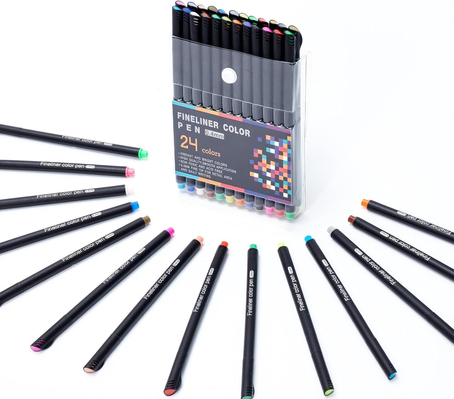 24 Colors Fineliner Color Pens - 0.4mm Fine Point Colored Pens for Journaling, Doodling, Drawing, Note Taking, Adult Coloring, Planner Supplies – Black Barrel
