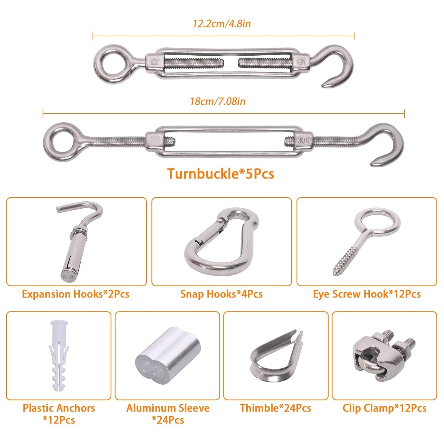 300FT 1/8" Wire Rope Kit, Vinyl Coated 304 Stainless Steel Wire Cable, 7x7 Strands 920LBS Breaking Strength, M5 Turnbuckle, String Light Hanging Kit for Outdoor, Garden, Clothesline