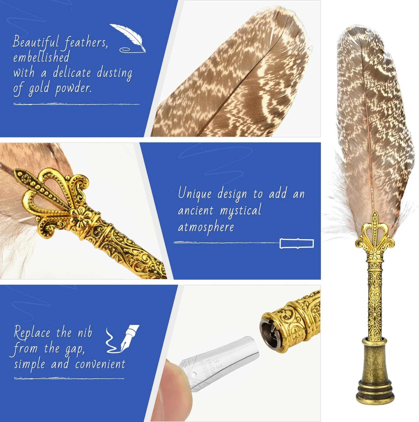 Hethrone Quill Pen Ink Set - Calligraphy Pen Ink Set Includes Feather Pen with Ink, Pen Holder and 5 Replacement Nibs Holiday Ideal Gifts (Brown)