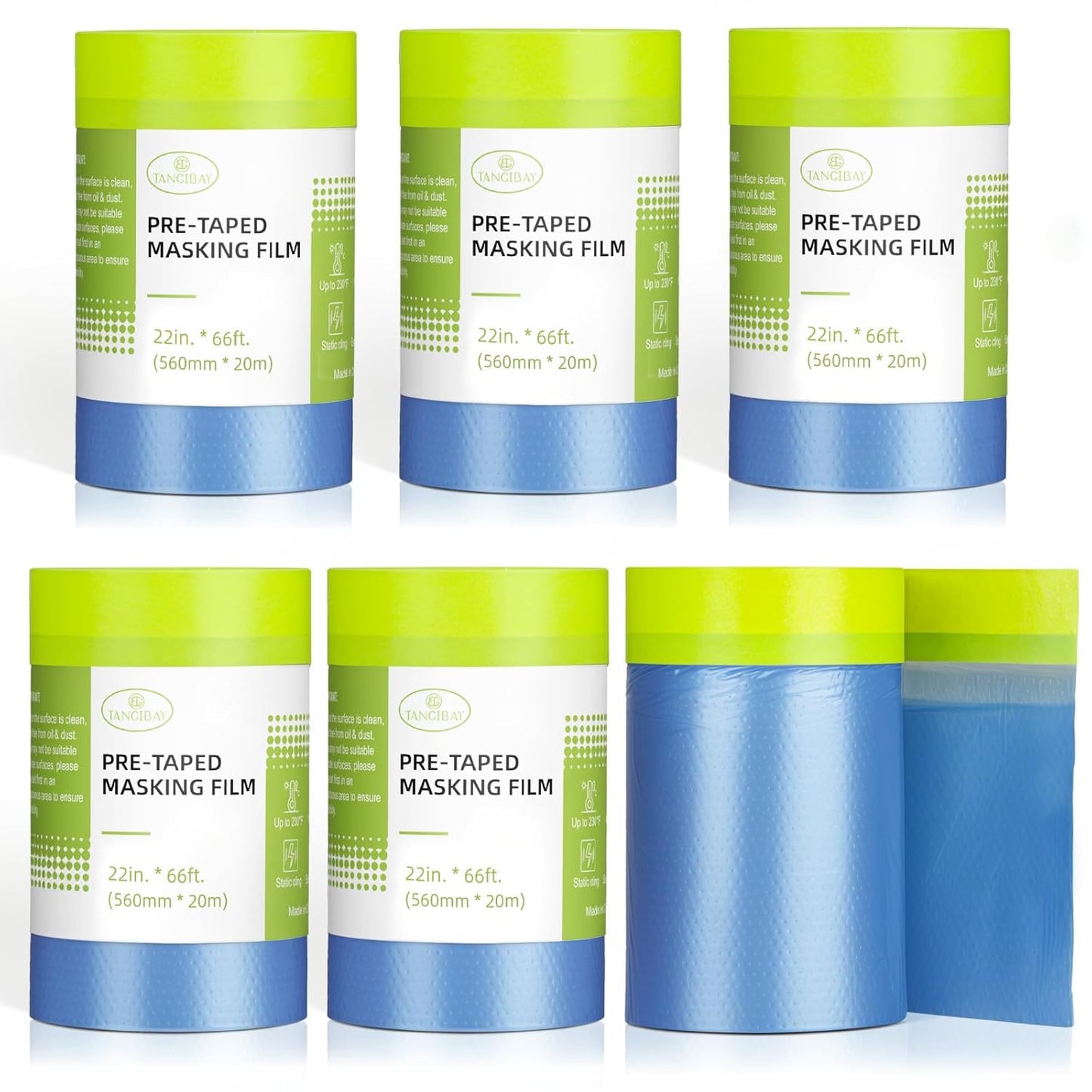 Pre-Taped Masking Film for Painting - 22" x 66' Painters Plastic Sheeting with Automotive Paint Tape and Drape for Covering Cars, Walls, Windows and Furniture Protection (6 Rolls)