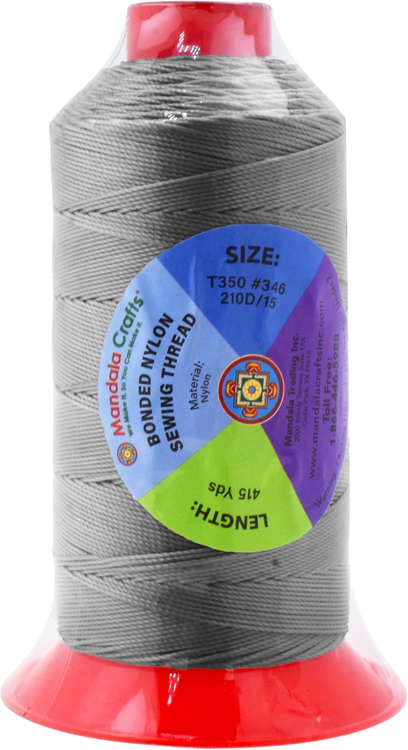 Mandala Crafts Bonded Nylon Thread - Heavy Duty Gray Sewing Threads - 415 YDs Size 346 210D T350 Tex 350 for Leather Jeans, Weaving, Outdoor, Marine, Upholstery
