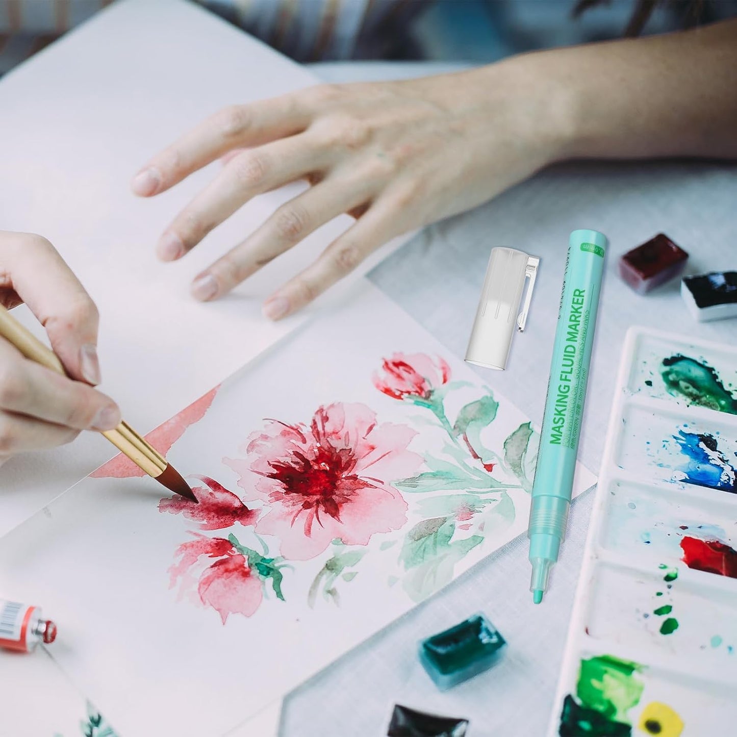 2 Pcs Masking Fluid Pen for Watercolor Painting, Capacity with Applicator Tip, Masking Fluid Marker for Various Art Projects Watercolor Ink(Green,3mm)