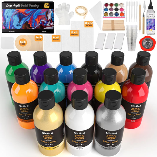 Nicpro 14 Colors 8.45oz Acrylic Pouring Paint Kit, Large Volume Premixed High Flow Pour Paints Supplies with Canvas, Wood Natural Slices, Pouring Oil, Gloves, Strainer, Cups for Beginner DIY Crafts
