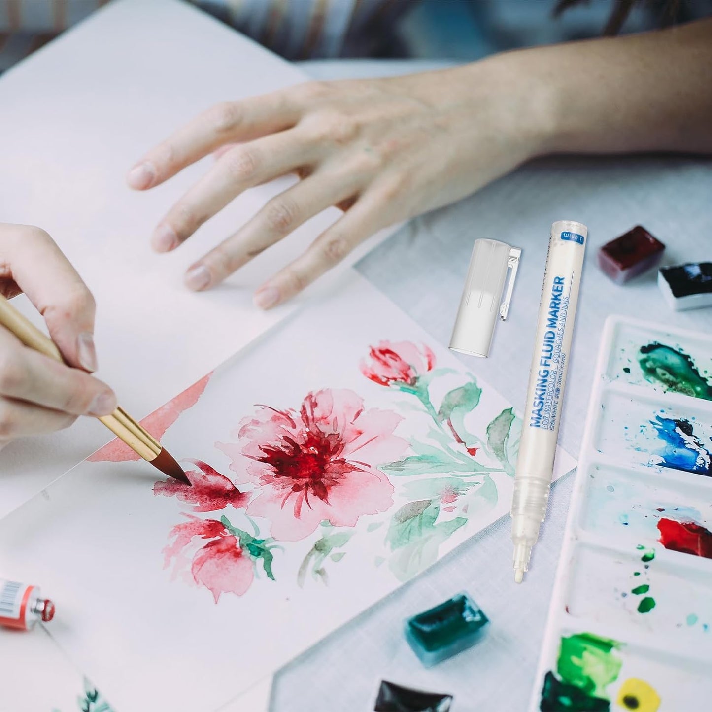 2 Pcs Masking Fluid Pen for Watercolor Painting, Capacity with Applicator Tip, Masking Fluid Marker for Various Art Projects Watercolor Ink(White,3mm)