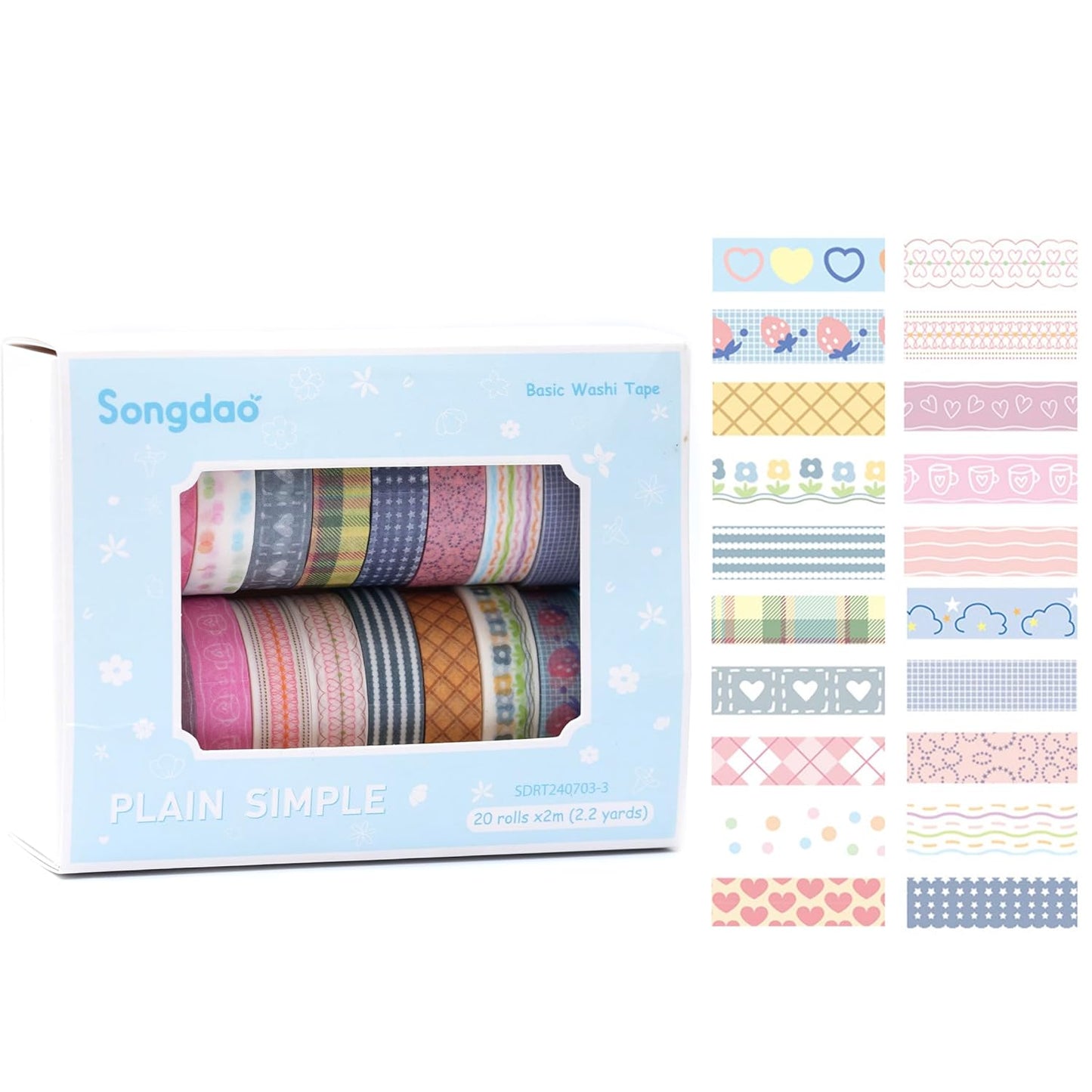 20 Rolls Basic Washi Tape Set Japanese Arts Adhesive Tapes Simple Patterns Decorative Masking Tape Sets for Craft, Kids, Scrapbook, DIY, Gift Wrapping (Style Three)