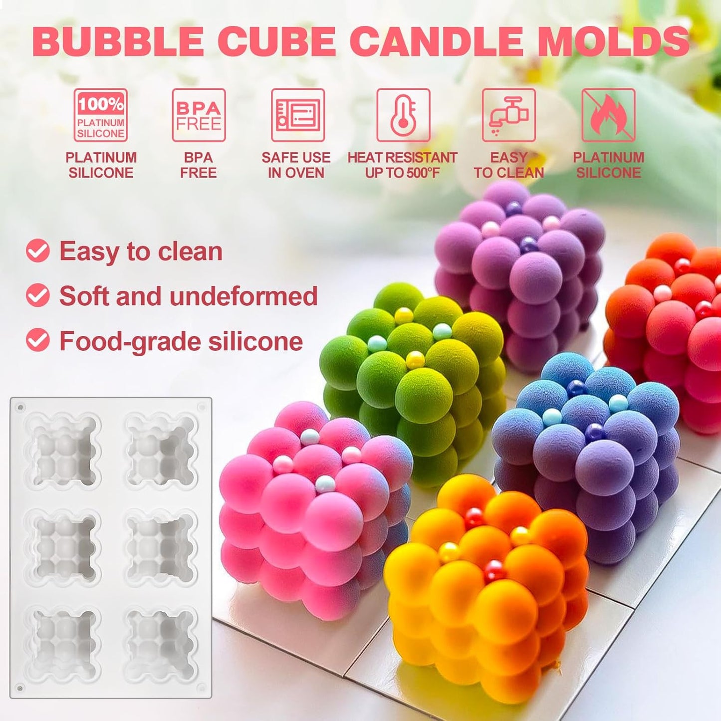 3D Bubble Candle Molds,6 Cavity Cube Candle Molds Soap Mold Candle Wax Mold,for Baking Chocolate Dessert Mousse Cake Ice Cream and Making Soap Wax
