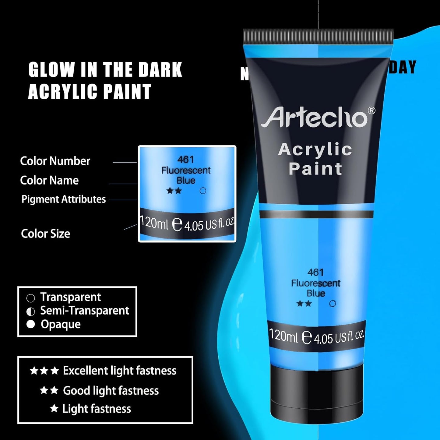 Artecho Glow in the Dark Paint, Neon Blue Paint (120ml / 4.05oz) Tubes, Art Craft Paints for Canvas, Rock, Stone, Wood, Fabric, Art Supplies