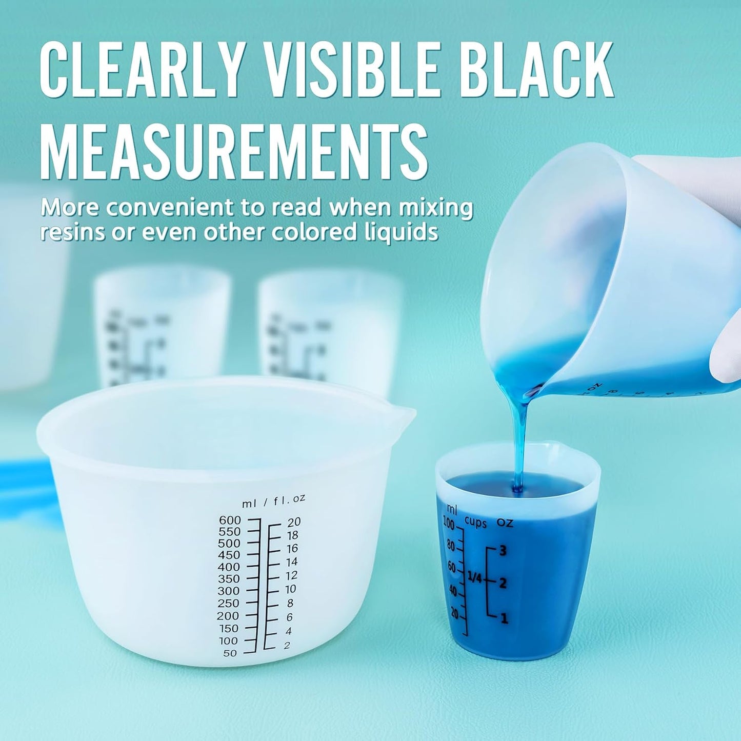 Silicone Resin Mixing Measuring Cups for Resin Supplies, Easy-to-read Marks, 600ml/20oz Bowl, 250&100ml Thickened Reusable Silicone Cups for Epoxy Mixing, with Stir Sticks, Jewelry Making