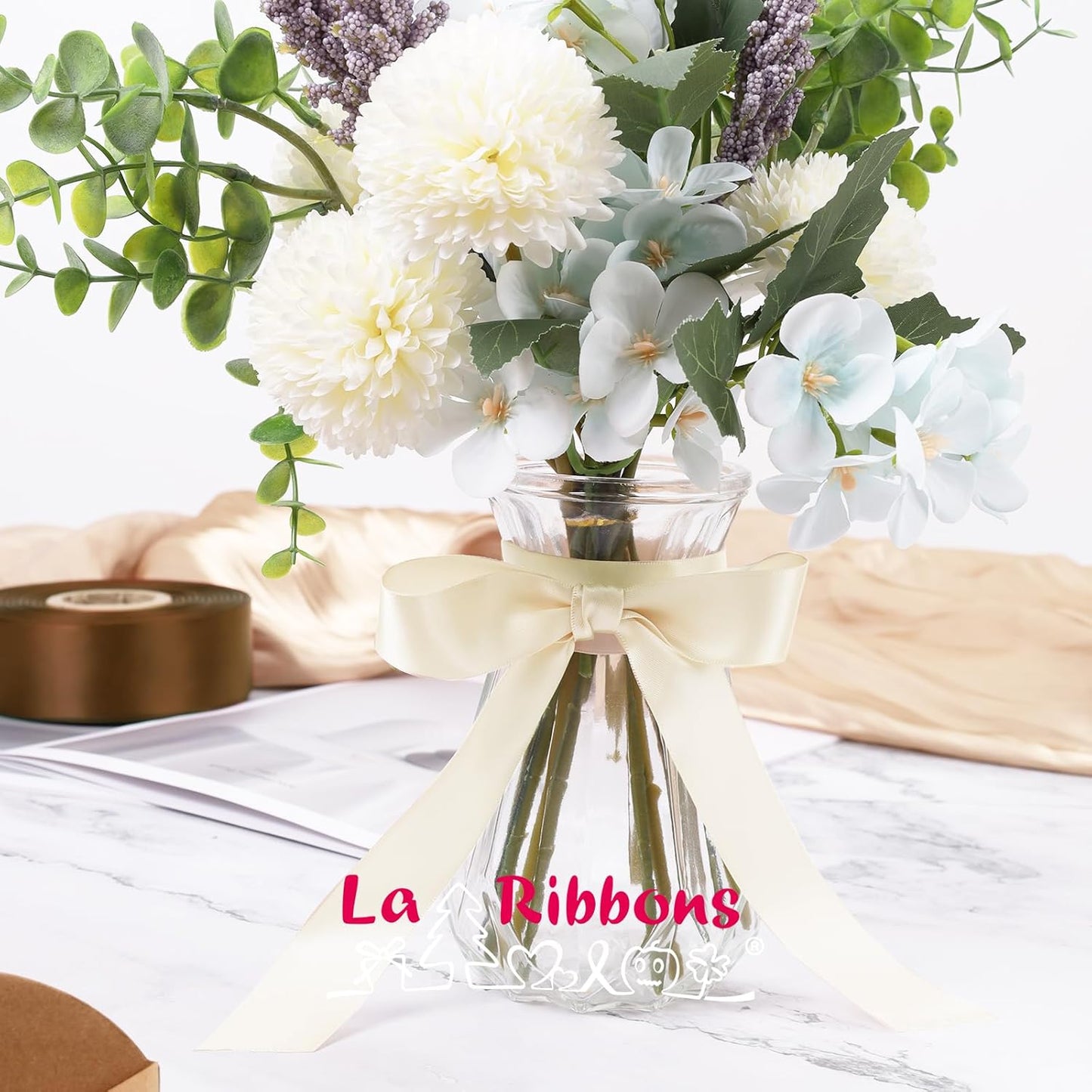 LaRibbons 1 Inch 50 Yard Double Faced Satin Ribbon,Nude Beige Satin Craft Fabric Ribbon for Gift Wrapping Floral Bouquets Wedding Party Decoration