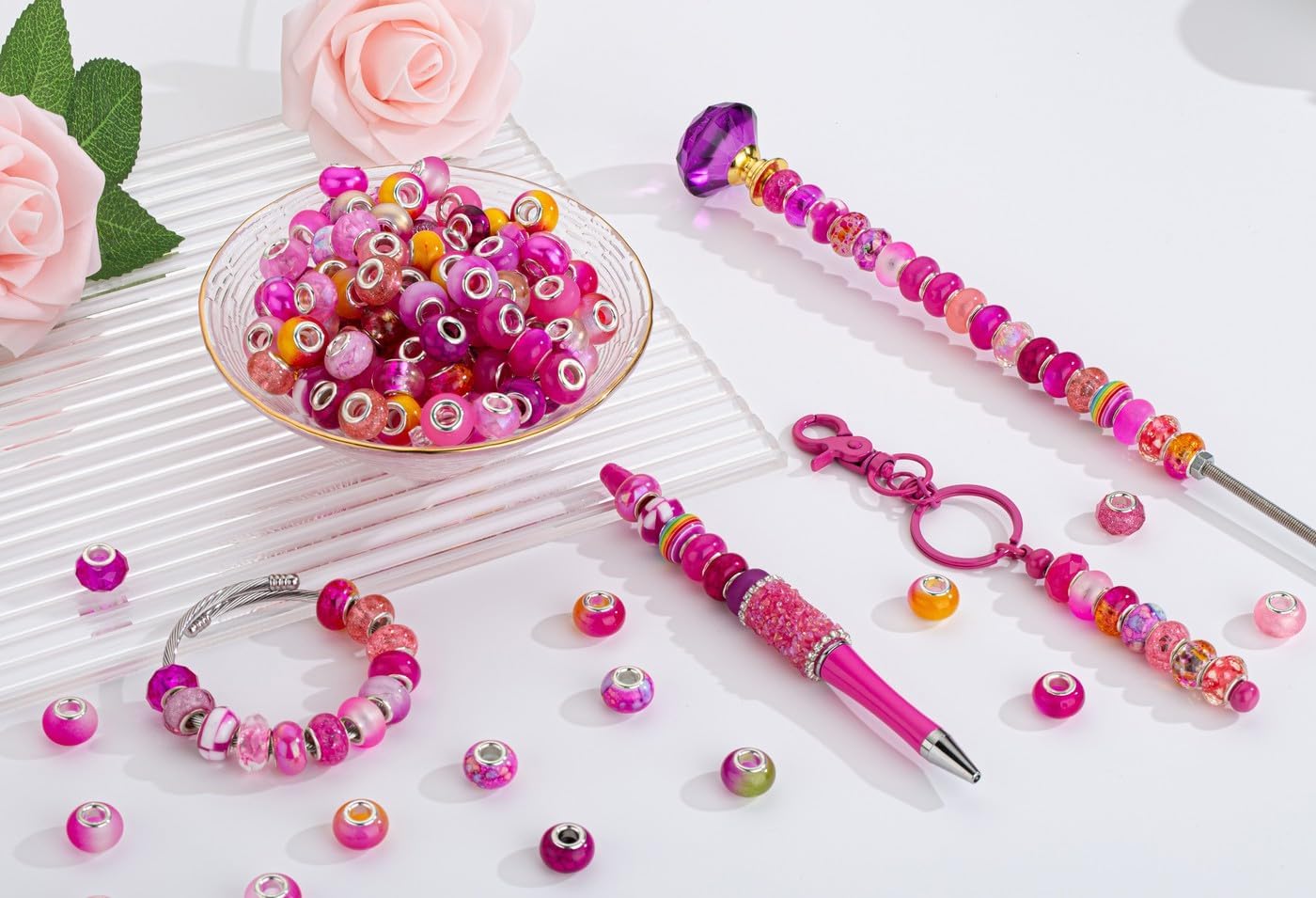 LAIDANLA Rose Mix Large Hole Beads，100pcs 15mm European Large Hole Beads Bulk for Bracelet Pens Jewelry Making Spacer Charms Craft Beads Decoration