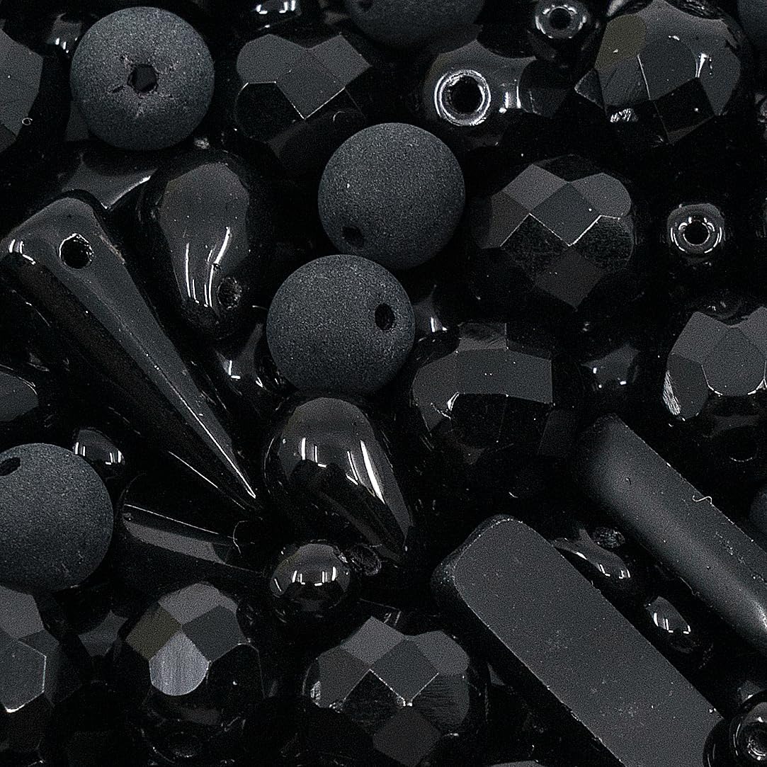 2.1oz (60g) of Glass Bead Mix with Drops, Table-Cut and fire Polish Czech Beads, Glossy & Matte Black
