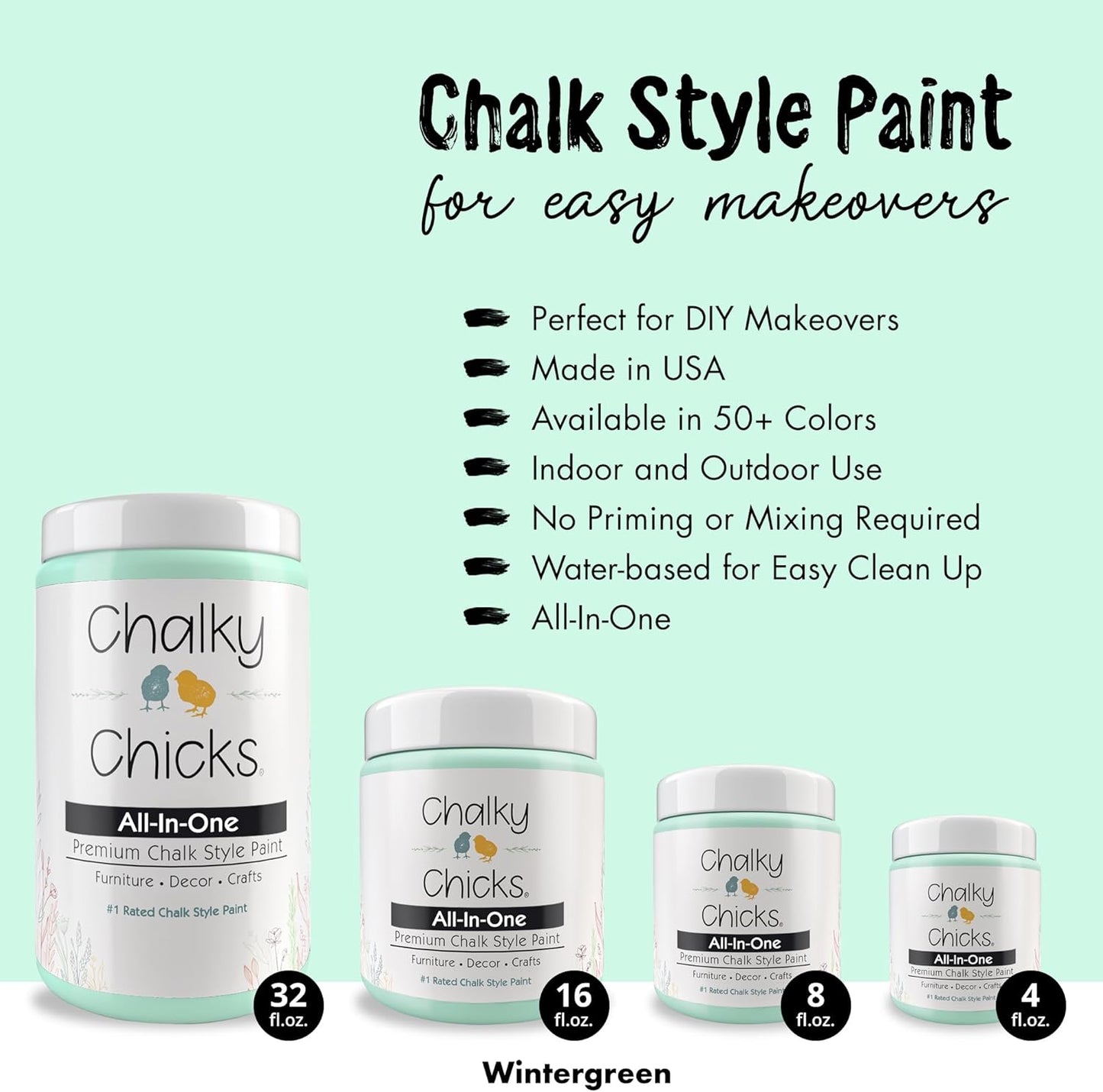 Chalky Chicks All-in-One Chalk Paint for Furniture or Cabinet - 4 Fl Oz - Matte Finish Wintergreen (Mint) for Metal, Wood Furniture Paint - No Sanding All-in-One for Home Decor & Crafts, USA Made