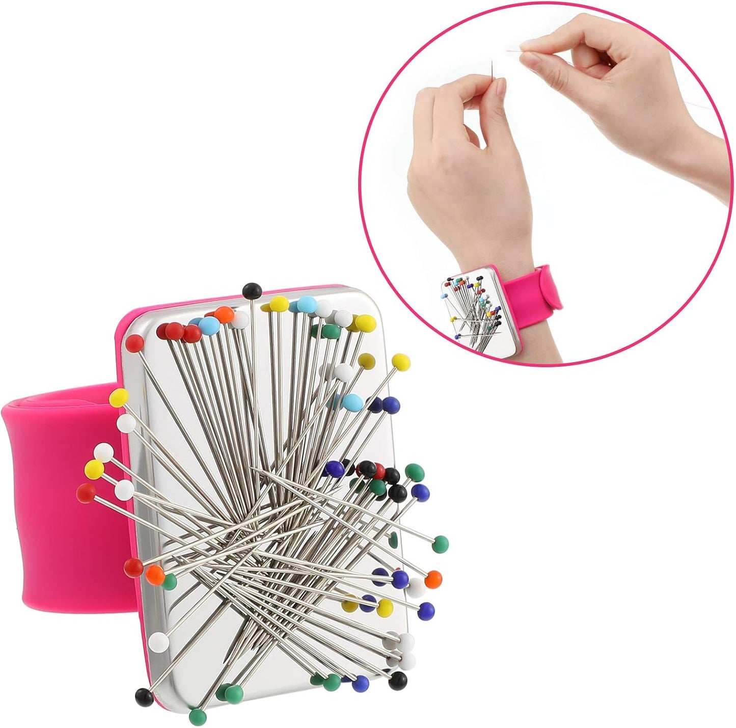 Magnetic Wrist Sewing Pincushion with 100 Pieces 1.5 Inch Ball Head Sewing Pins Set Wrist Magnetic Pin Holder Gift Supplies(Rose Red)