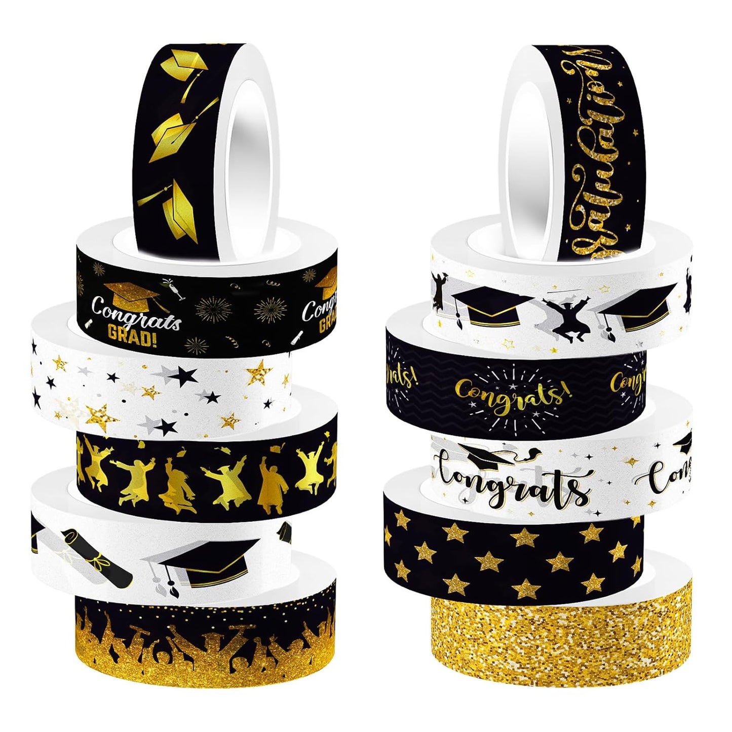 12 Rolls Graduation Washi Tape, Black Foil Gold Congrats Grad Masking Tapes, Congratulations Grad Cap Decorative Paper Stickers for Graduation Scrapbook Gift Wrapping DIY Art Crafts 16.4FT