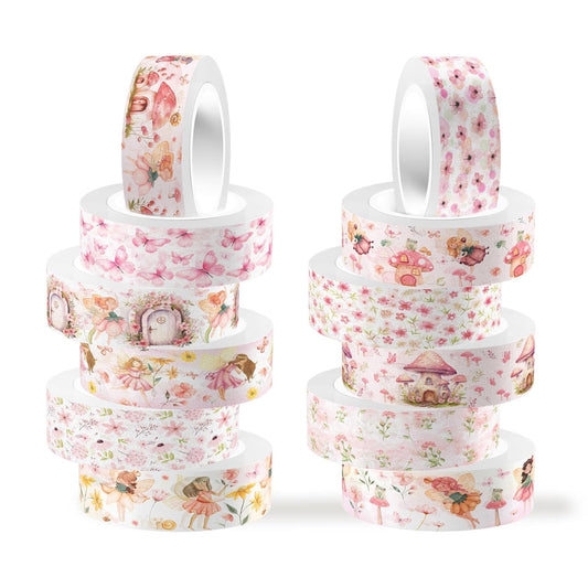 12 Rolls Fairy Washi Tape Set, Fairy Mushroom Butterfly Floral Decorative Tape, Pink Watercolor Masking Tapes for Scrapbooking Journaling Party Supplies, DIY Art Crafts, Gift Wrapping 16.4FT