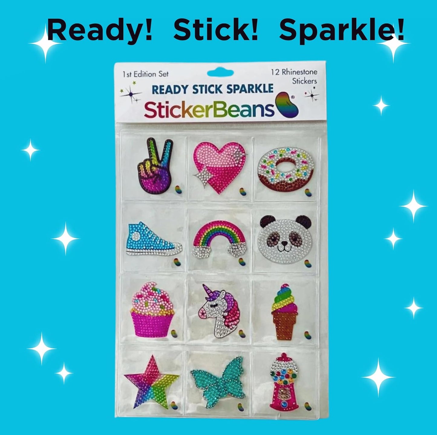 StickerBeans® Rhinestone Stickers – 1st Edition Collection 12-Pack, 2” x 2” Unique Sparkly Cut-to-Shape for Collecting, Trading, Decorating Laptops, Phone Cases, Scrapbooks, for Kids & Teens