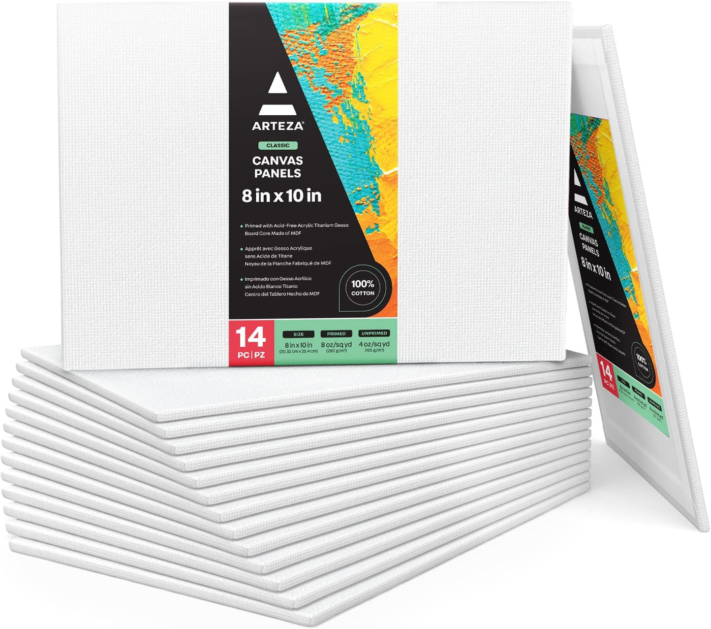 ARTEZA Canvas Boards for Painting, 8 x 10 Inches, Pack of 14, Blank White Canvas Panels for Acrylic, Oil, Gouache, and Tempera Painting Projects