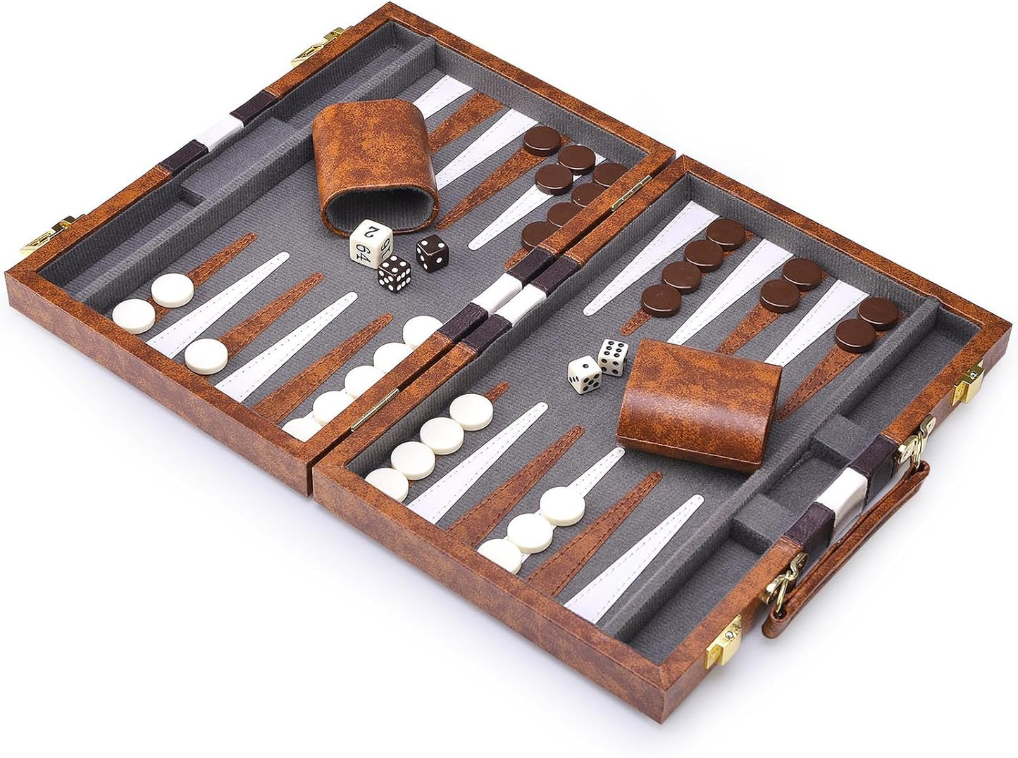 AMEROUS Backgammon Set, 11 Inches Classic Board Game withLeather Case, Folding Board, Gift Package, Portable Travel Strategy Backgammon Game Set for Adults, Kids (Small, Brown)
