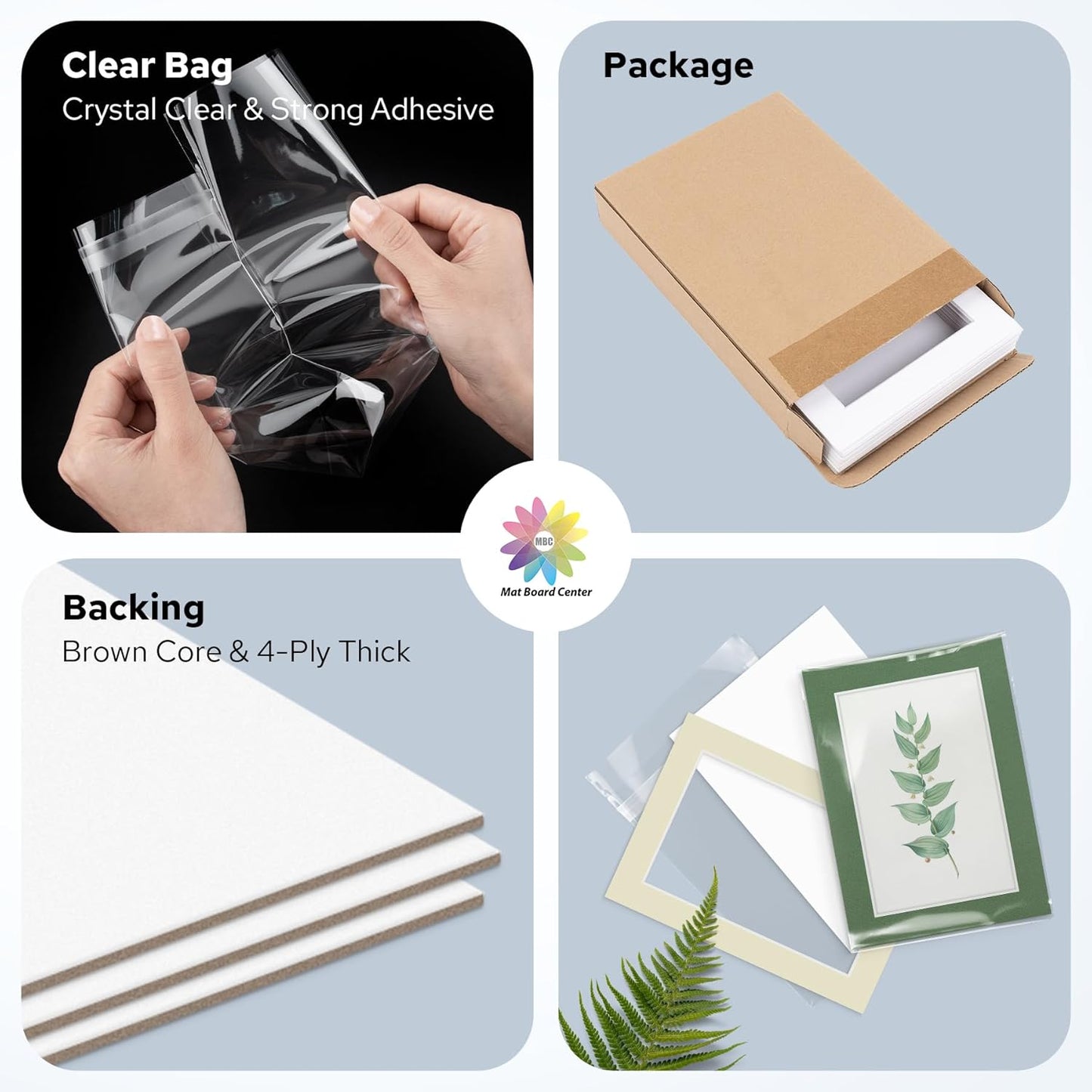 Mat Board Center, Pack of 10, 5x7 for 4x6 Mix Color Mat Kit - Acid Free, 4-ply Thickness, White Core - Includes Backing Boards and Clear Bags - for Pictures, Photos, Framing