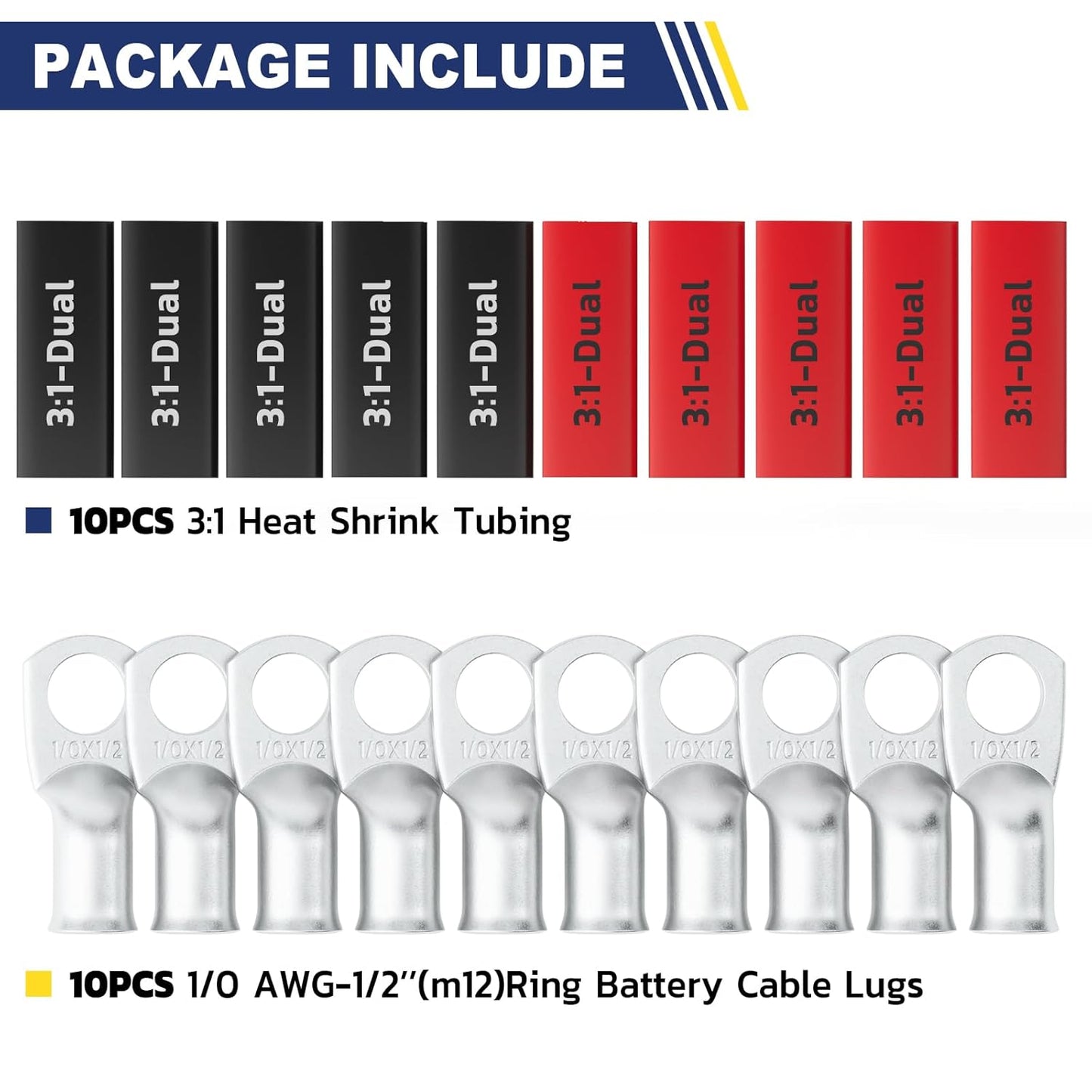haisstronica 10pcs 1/0 AWG - 1/2" (M12) Tinned Copper Battery Lugs, Heavy Duty Copper Wire Lugs with 10pcs 3:1 Adhesive Heat Shrink Tubing, 0 Gauge Wire Lugs, Tinned Copper Battery Cable Ends
