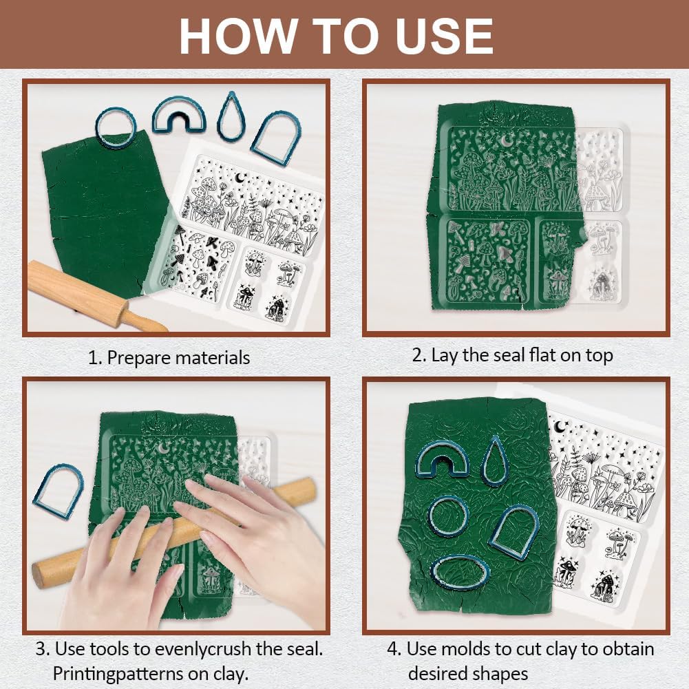 CHGCRAFT Polymer Clay Texture Sheet Mushrooms Silicone Texture Stamp Stars Flowers Clay Texture Mat Modeling Pattern Pad Polymer Clay Tools for Jewelry Earring Making DIY Craft, 5.5x5.5inch