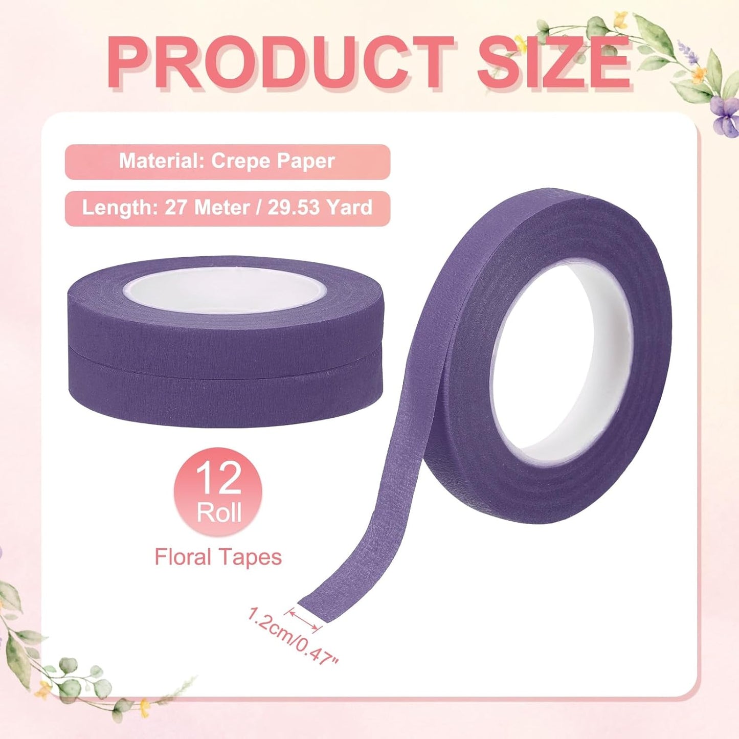 MECCANIXITY 12 Rolls Floral Tapes, 30 Yard x 1/16 in Florist Crepe Flowers Bouquets Tape Adhesive Waterproof for Flower Arranging Wrapping, Purple
