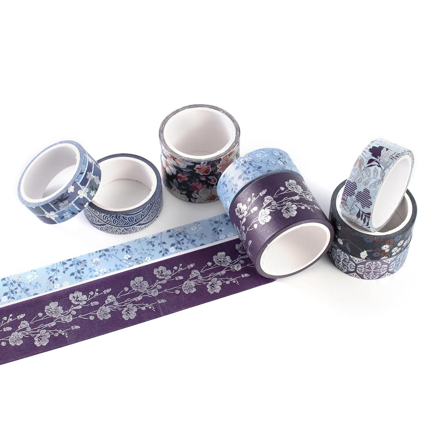 YUBX Elegance Blue Washi Tape Set 8 Rolls Wide Silver Embellishment Decorative Masking Tapes for Arts, DIY Crafts, Journals, Planners, Scrapbook, Wrapping