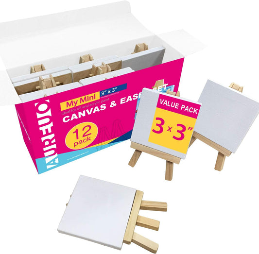 AUREUO Mini Canvas and Easel Set - 3x3 Inch/ 12 Pack - 2/5 Inch Profile Small Square Canvas with Display Stand - Art Gift Set Bulk Pack Canvases for Acrylic Painting & Craft