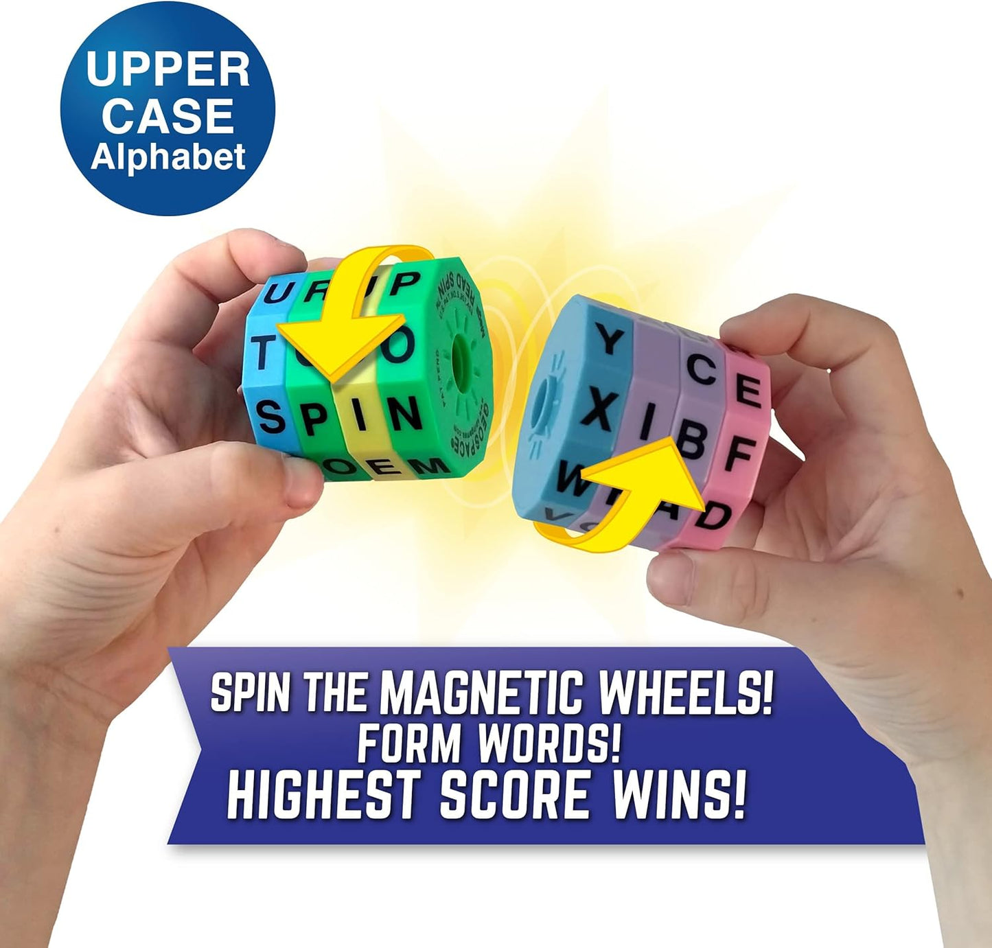 Geospace Read Spin Education Game for Kids – A Handheld Magnetic Spelling Game with Storage Pouch (Upper Case Letters)