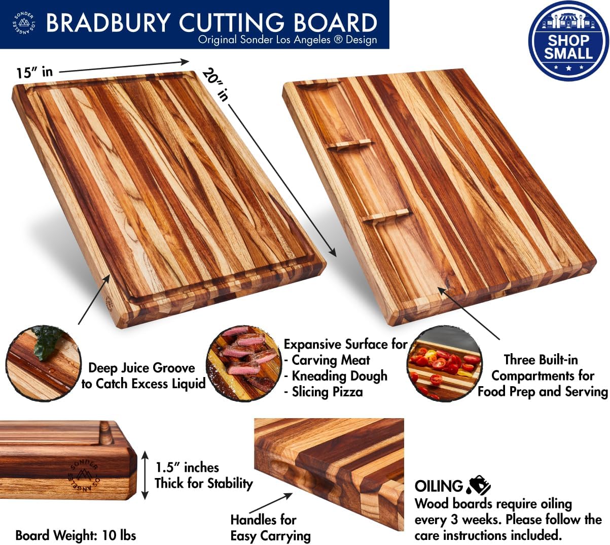 Sonder Los Angeles, XL Thick Teak Wood Cutting Board for Kitchen with Juice Groove, Sorting Compartments, Charcuterie Cheese Board 20x15x1.5 in (Gift Box Included)