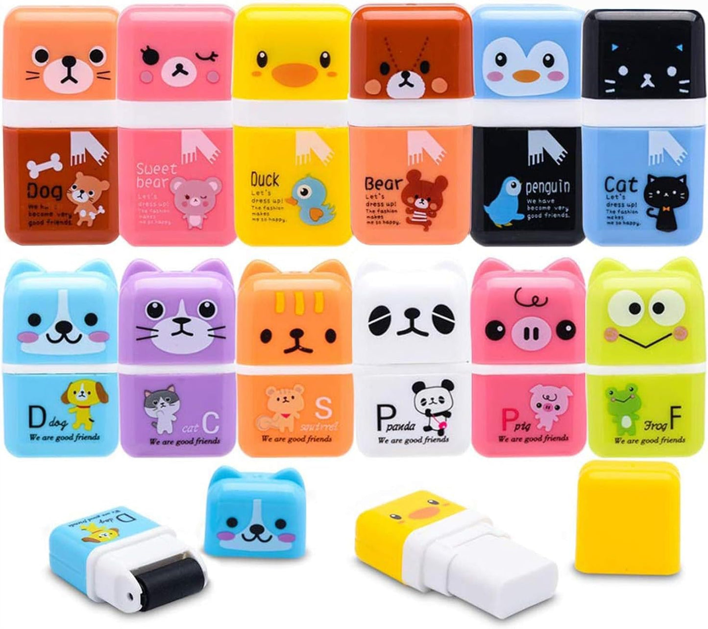 Sooez 12 Pack Pencil Erasers, Cute Erasers Pencil Eraser with Clean up Roller Pencil Eraser Shaving Roller Case Erasers for Party Favors Gift Supplies