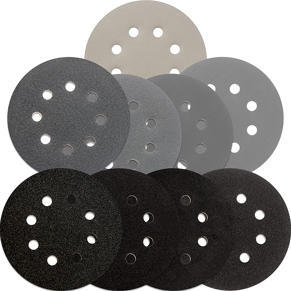 5 inch Wet Dry Sanding Discs Hook & Loop 54 pcs, 80 120 180 220 400 600 1000 2000 3000 Grit Silicon Carbide Orbital Sander Sandpaper Assortment with Tack Cloth, Automotive Wood Metal S&F STEAD & FAST
