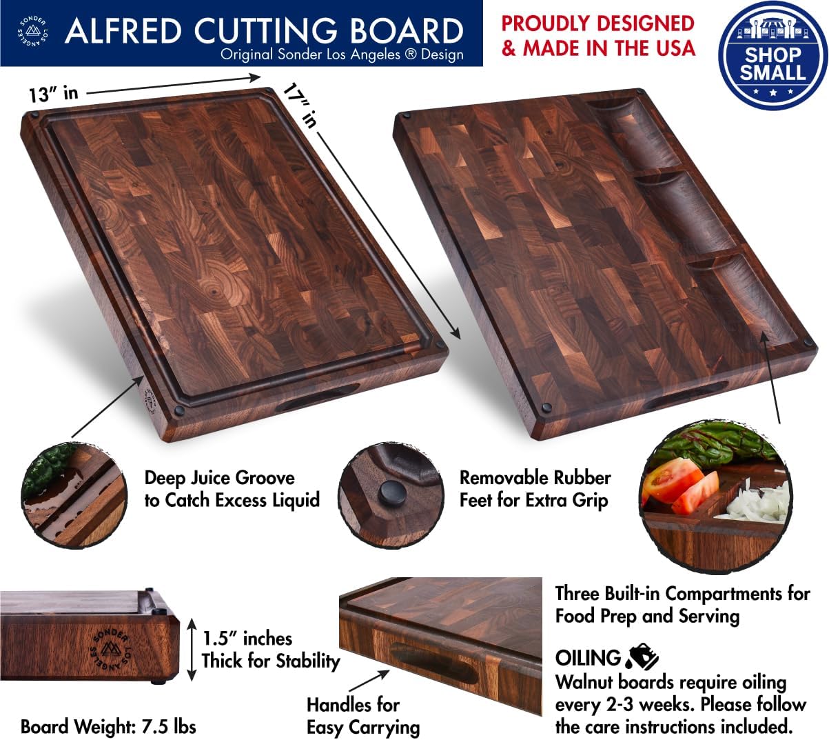Sonder Los Angeles Alfred Cutting Board Made in USA | Black Walnut End Grain Cutting Board with Non-Slip Feet, Juice Groove, Sorting Compartments | Gift Box Included | 17x13x1.5 in