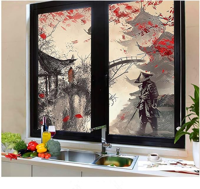 Vintage Japanese Samurai Air Window Film Watercolor Ink Ancient Cherry Blossom Red Sunblackout Window Film,Playroom Window Film 23.6Wx78.7L-Inch X2Pcs