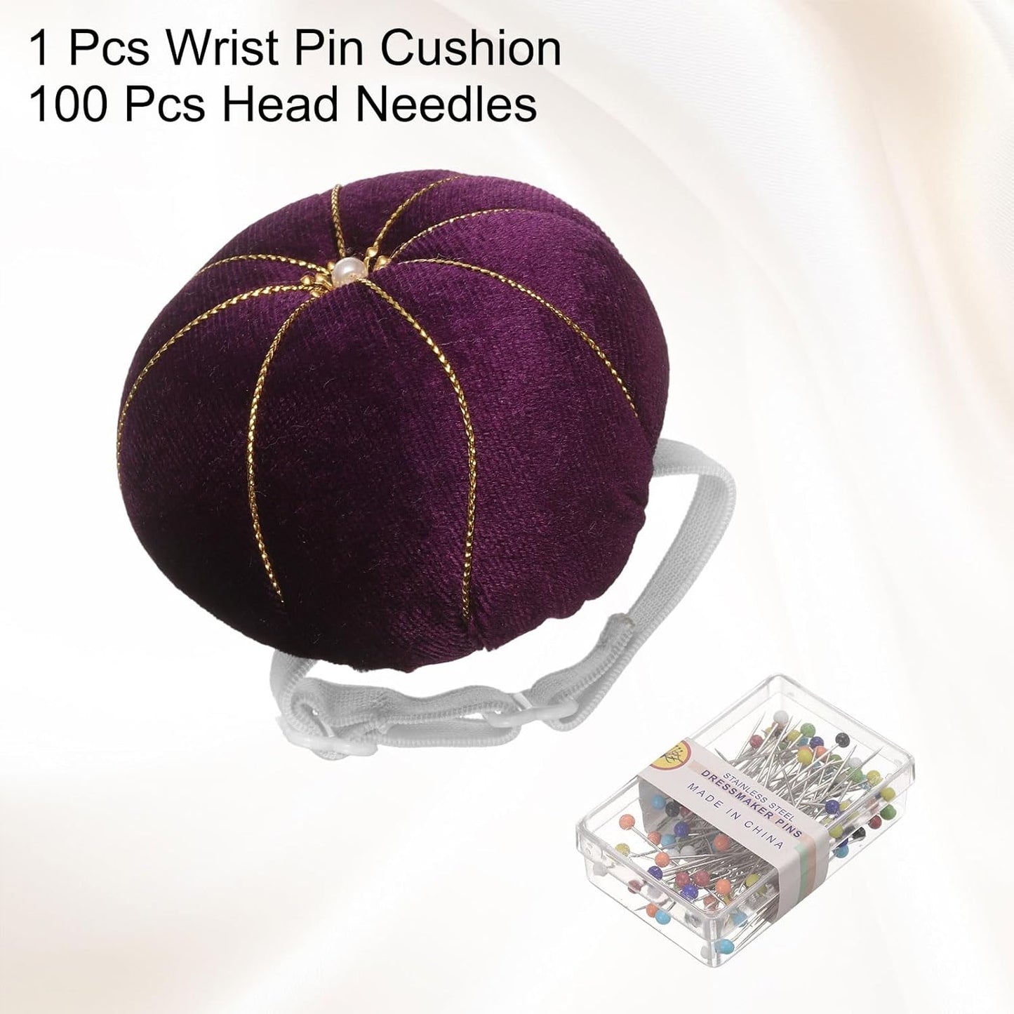 HARFINGTON Wrist Pin Cushion Wristband Sewing Pincushion Polyester Pin Holder Wearable Pumpkin Shaped Needles Wristband with 100 Head Needles for Sewing Quilting DIY Crafts, Purple