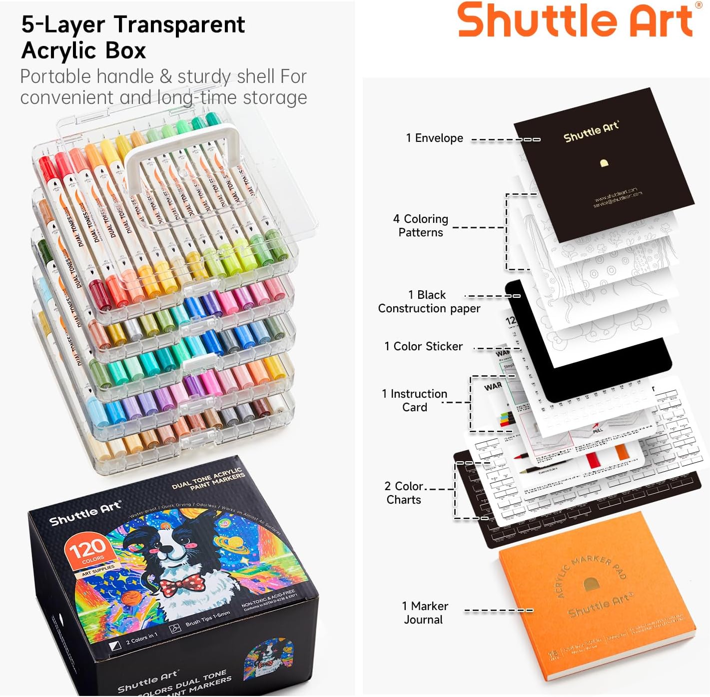 Shuttle Art 60 Pack Dual Tone Acrylic Paint Markers, 120 Colors Acrylic Paint Pens for Rock Painting, Ceramic, Wood, Canvas, Glass, Stone, Fabric, Card Making, DIY & Art Supplies