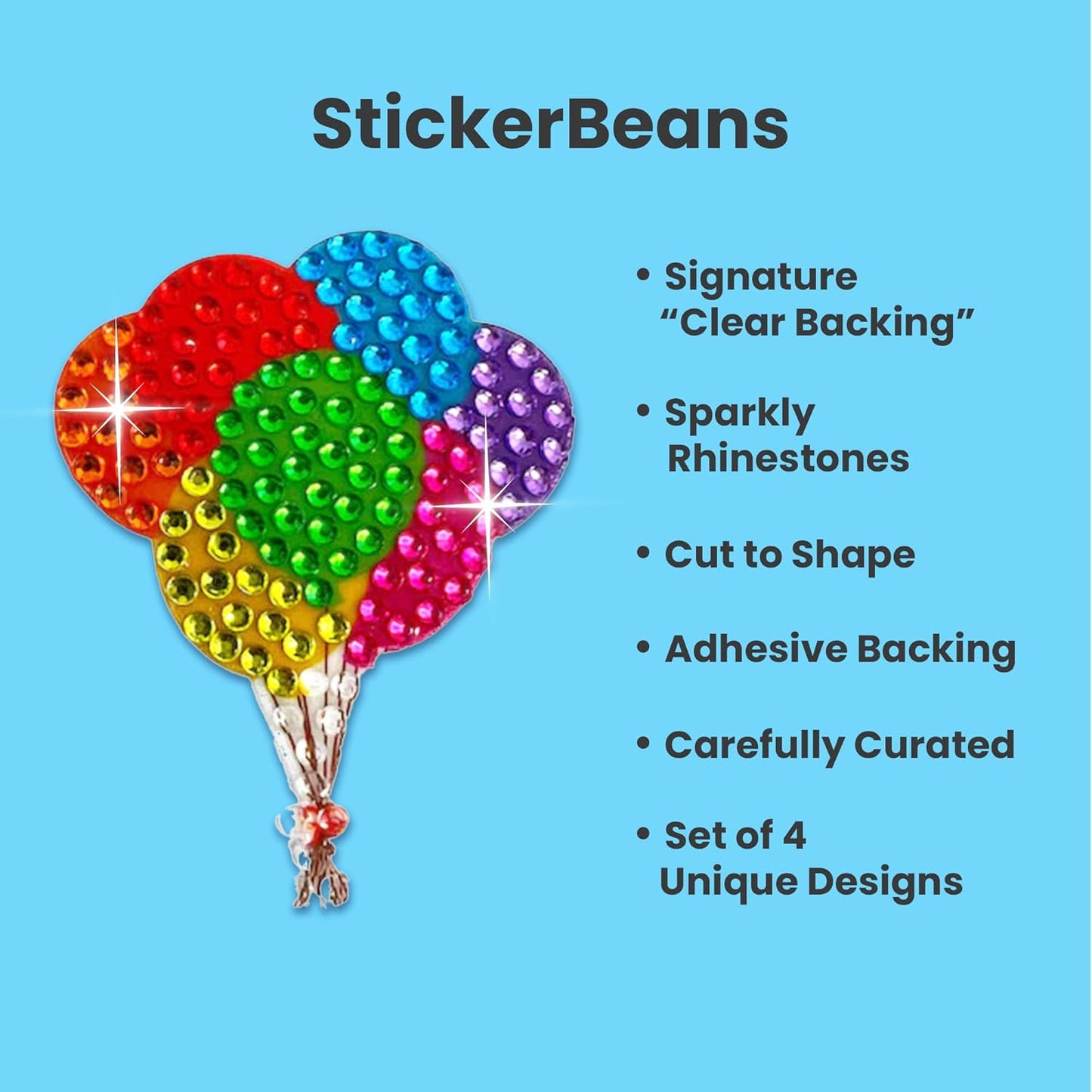 StickerBeans® Rhinestone Stickers - Magical 4-Pack, 2” x 2” Each, Unique Sparkly Cut-to-Shape for Collecting, Trading, Decorating Laptops, Phone Cases, Scrapbooks - for Kids, Teens, & Adults