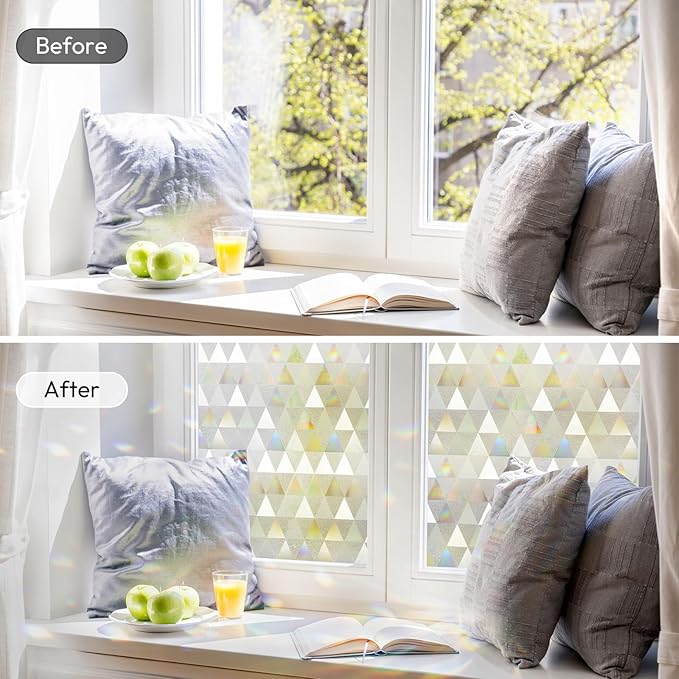 rabbitgoo Window Privacy Film, Stained Glass Rainbow Privacy Clings for Glass Window, Static Cling Decorative Door Covering, Non-Adhesive UV Blocking, Multicolored, 17.5 x 157.4 inches