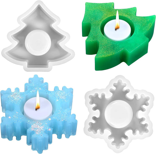 2PCS Christmas Resin Molds Christmas Tree Candle Holder Resin Molds Snowflake Silicone Resin Mold for Tea Lights Epoxy Resin Mold for Home Table Decorations Xmas Decor