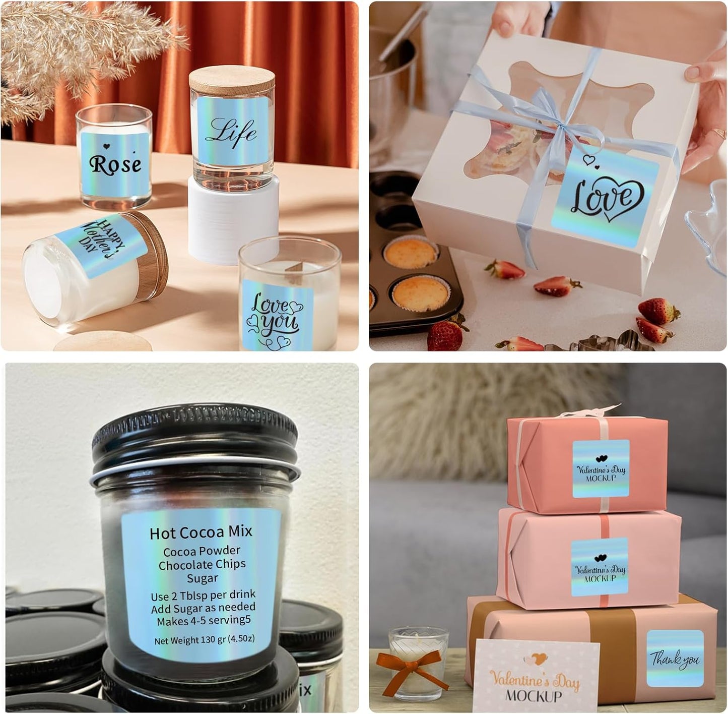 Holographic Square Thermal Labels Stickers 3" x 3", Square Direct Thermal Stickers Labels, Glitter Self-Adhesive Thermals Label for Small Business- Holographic Blue