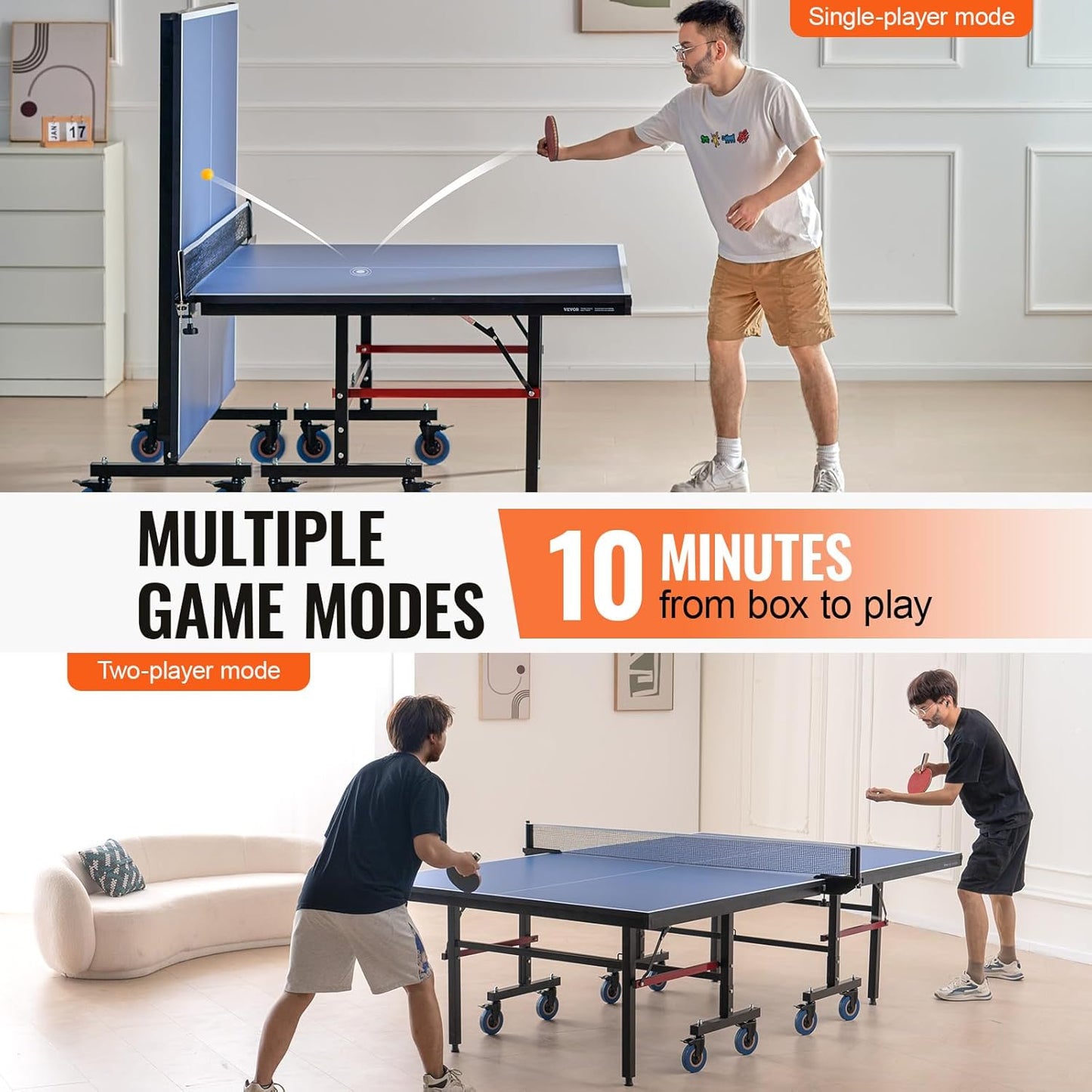 VEVOR Ping Pong Table, Professional Table Tennis Game, Indoor MDF Portable Table Tennis Table, Foldable Ping Pong Table with Quick Clamp Net and Lockable Wheel, 10 Minute Easy Assembly, 25mm Tabletops