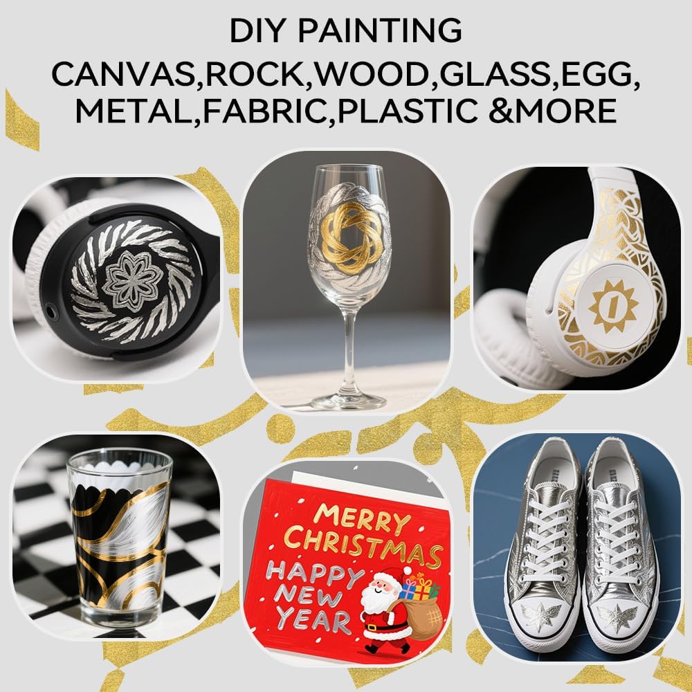 TRANSON 3 Gold, 3 Silver, 1 Black and 1 White Paint Markers Bold and Fine Dual-tip Acrylic Paint Marker Set for Rock Painting Glass Canvas Wood Leather Ceramic Painting