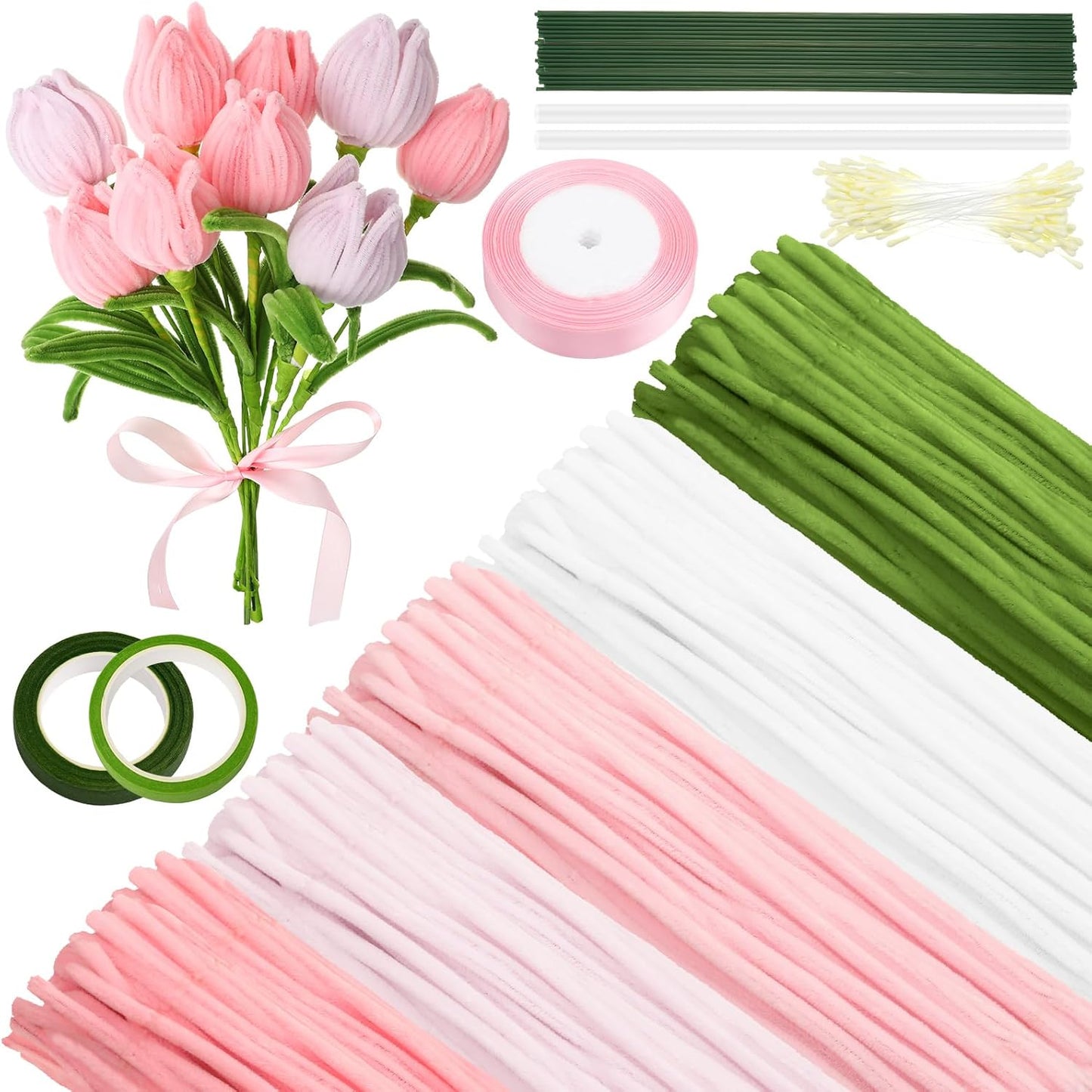 HairChrysm 250Pcs Pipe Cleaners Craft with 20Pcs 11.8in Flower Stems,100Pcs Flower Stamens,2Pcs Floral Tape,1 Roll Ribbon for DIY Pipe Cleaner Flowers